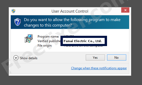 Screenshot where Funai Electric Co., Ltd. appears as the verified publisher in the UAC dialog